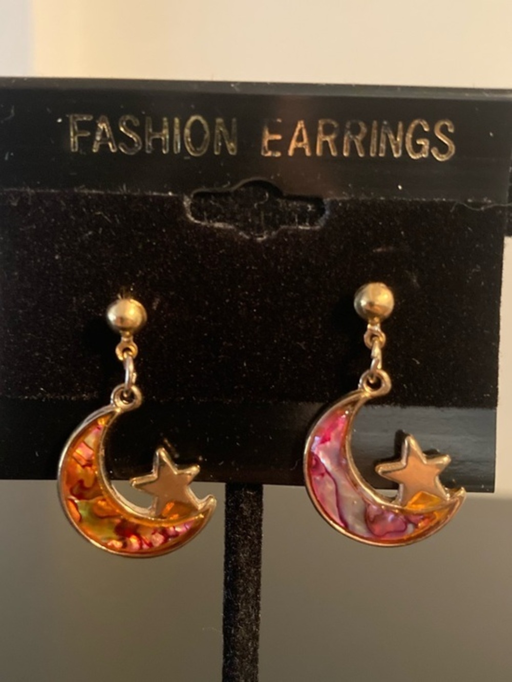 Fashion Bug Gold Moon & Star Earrings with Pink and Orange Inlay